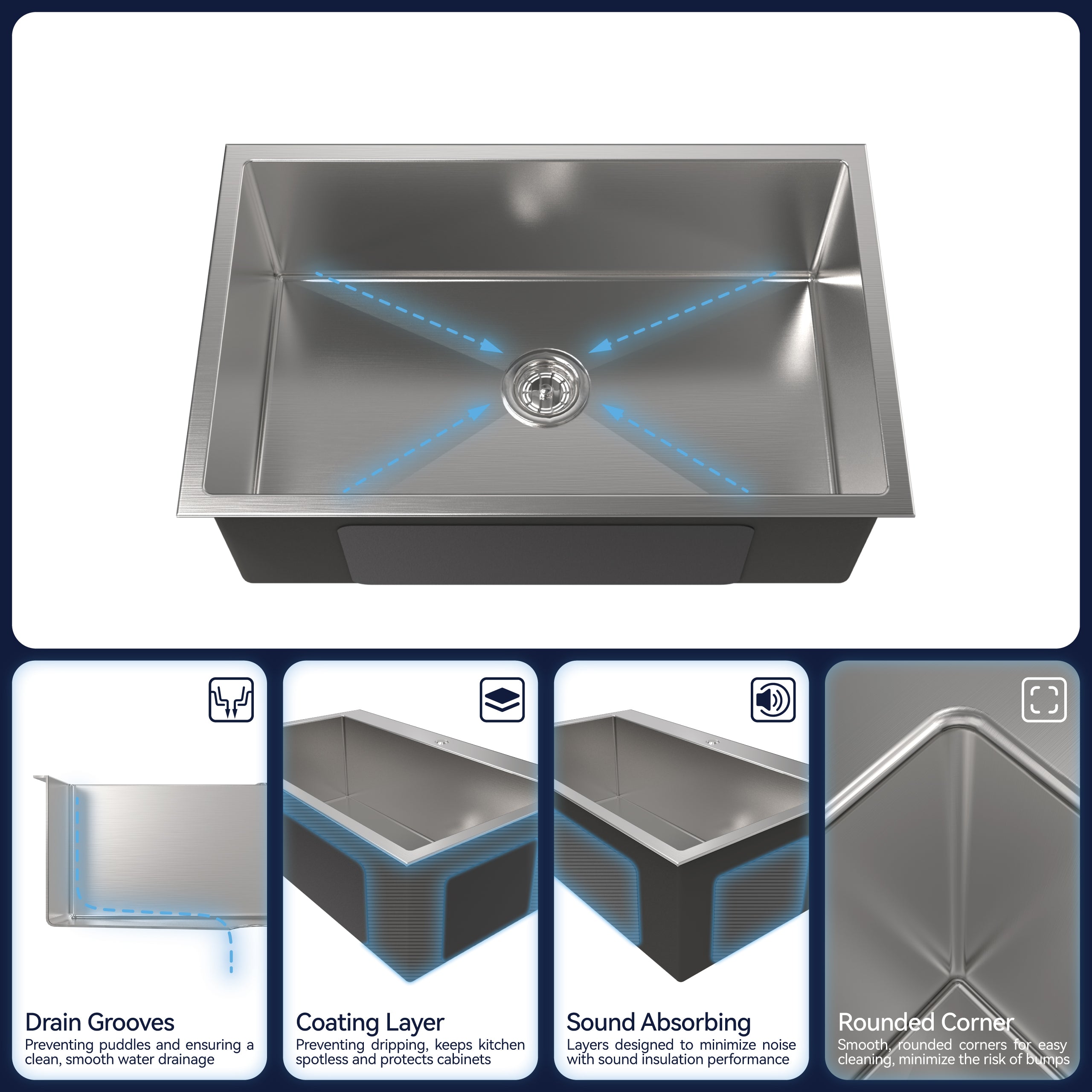 Stainless Steel Kitchen Sink, 30″x19″ Drop In Single Bowl, Undermount Handmade Sink in Brushed Nickel, with US Standard Drain and Hook, LS-SSBR05
