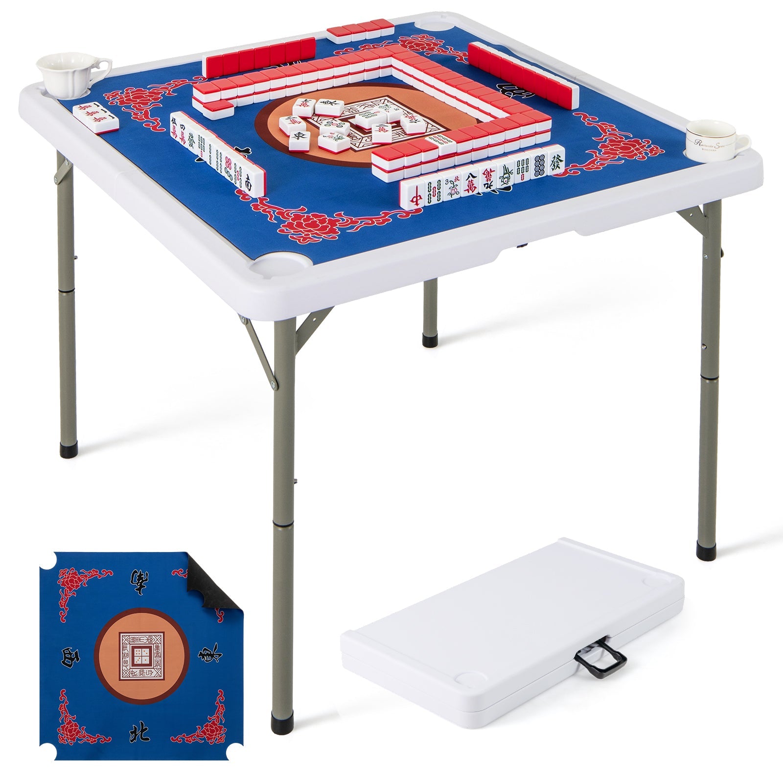 35 Inch 4 Player Game Card Folding Mahjong Table with Cup Holders-Blue