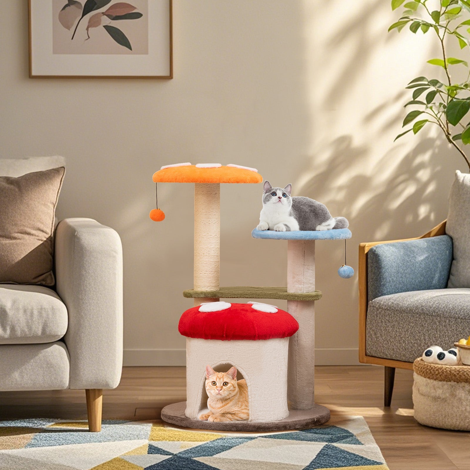 35 Inch Tall Cat Tower with Sisal Scratching Posts Cat Condo and Padded Platforms-Multicolor