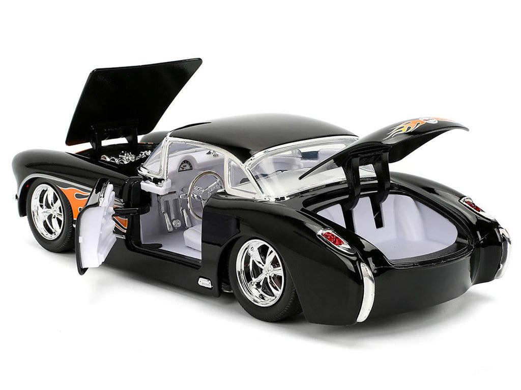 1957 Chevrolet Corvette Black with Flame Graphics and White Interior "Bigtime Muscle" Series 1/24 Diecast Model Car by Jada
