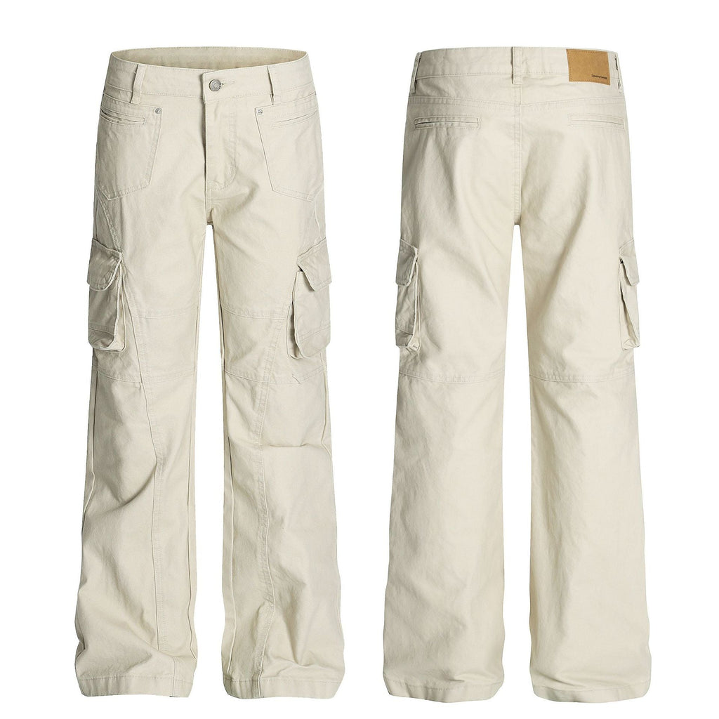 Retro Unisex Solid-Color Multi-Pocket Loose Flare-Bootcut Workwear Casual Pants