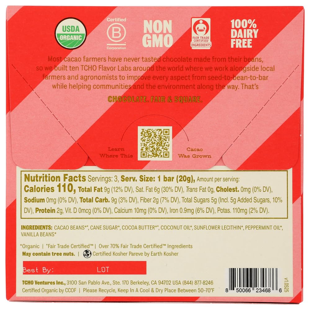 TCHO Chocolate Organic Merry Mint Dark Chocolate Bar, Case of 10, 2.1 oz Bars