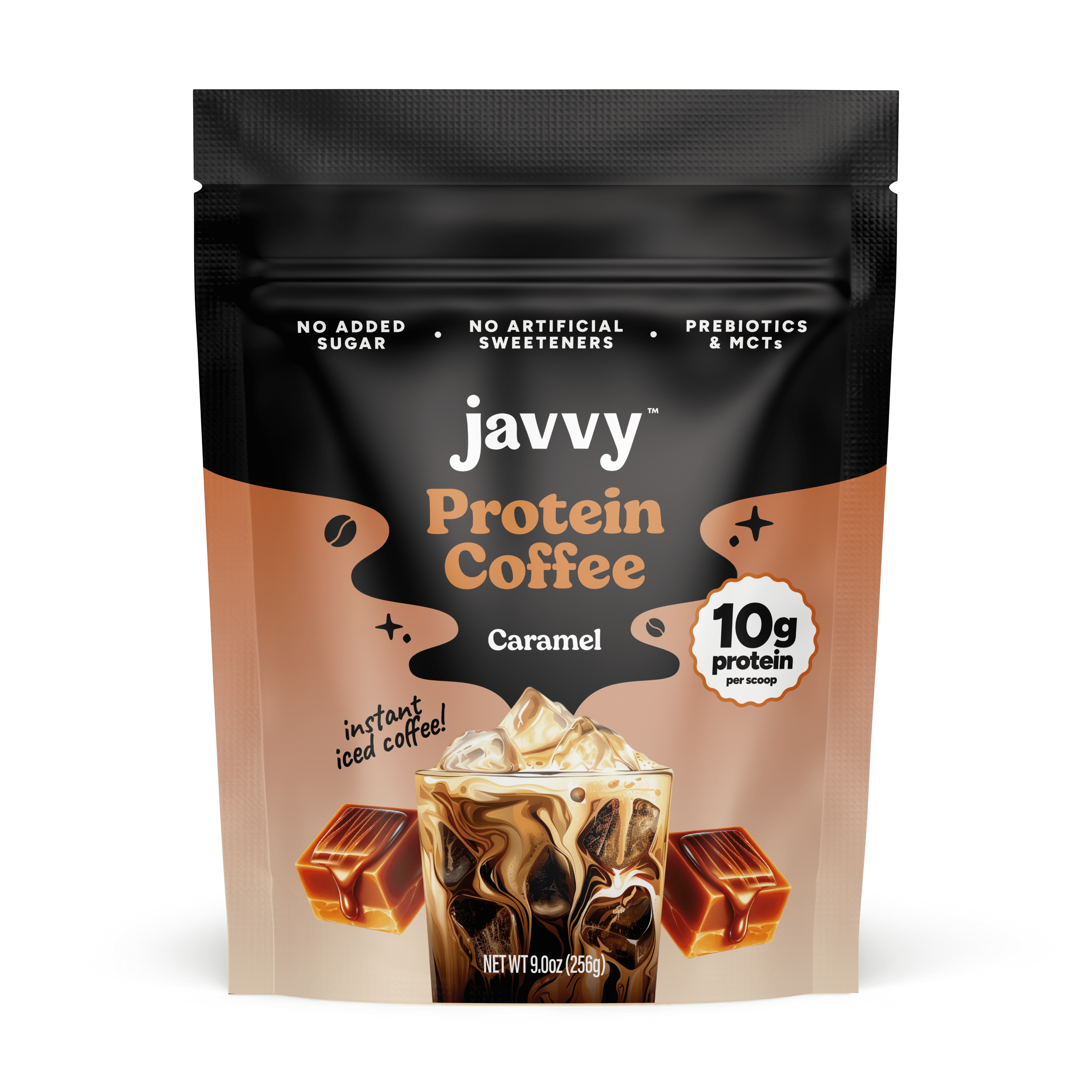 Javvy Caramel Protein Instant Coffee, Case of 6, 9 oz Containers