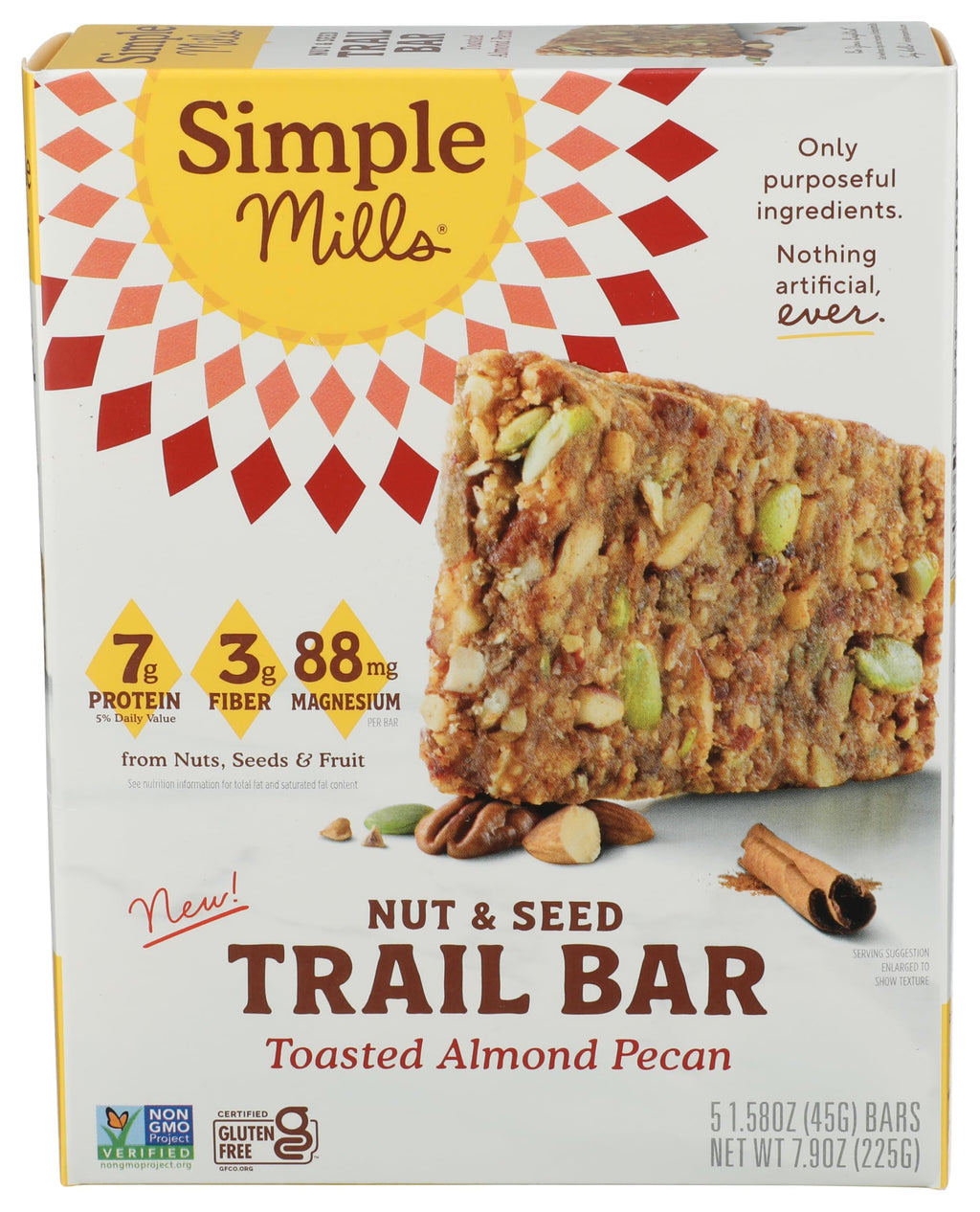 Simple Mills Toasted Almond Pecan Nut and Seed Trail Bars, Case of 6, 7.9 oz Boxes