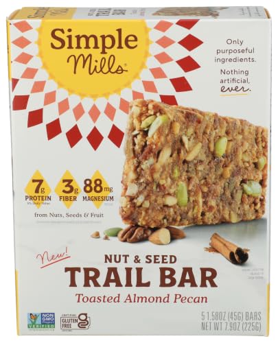 Simple Mills Toasted Almond Pecan Nut and Seed Trail Bars, Case of 6, 7.9 oz Boxes