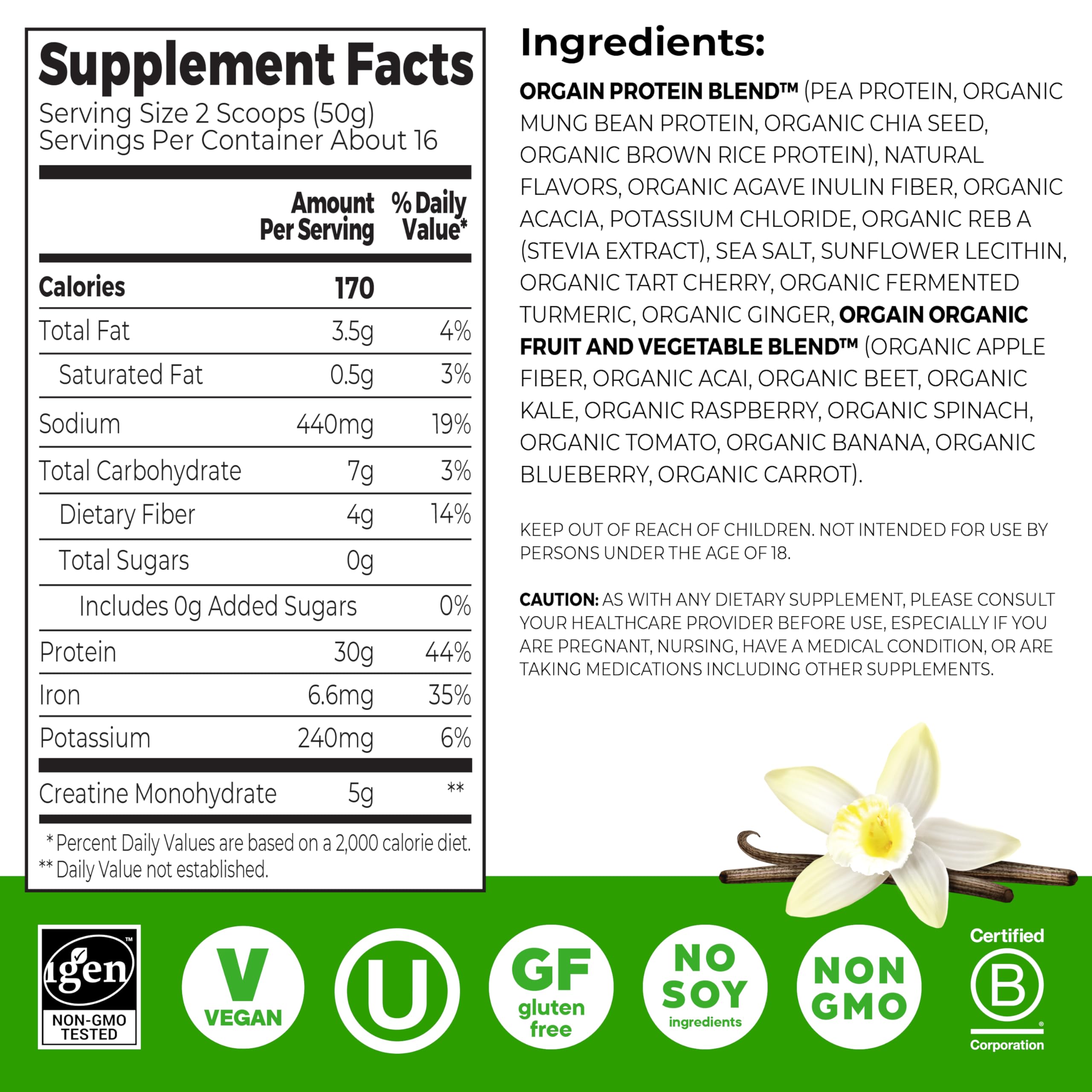 Orgain Vanilla Creatine Protein Powder, 28.2 oz Container
