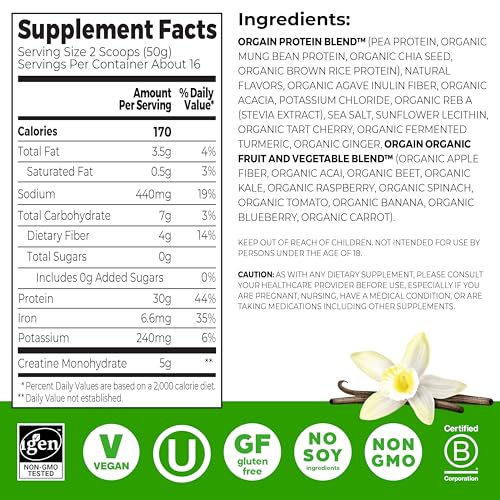 Orgain Vanilla Creatine Protein Powder, 28.2 oz Container