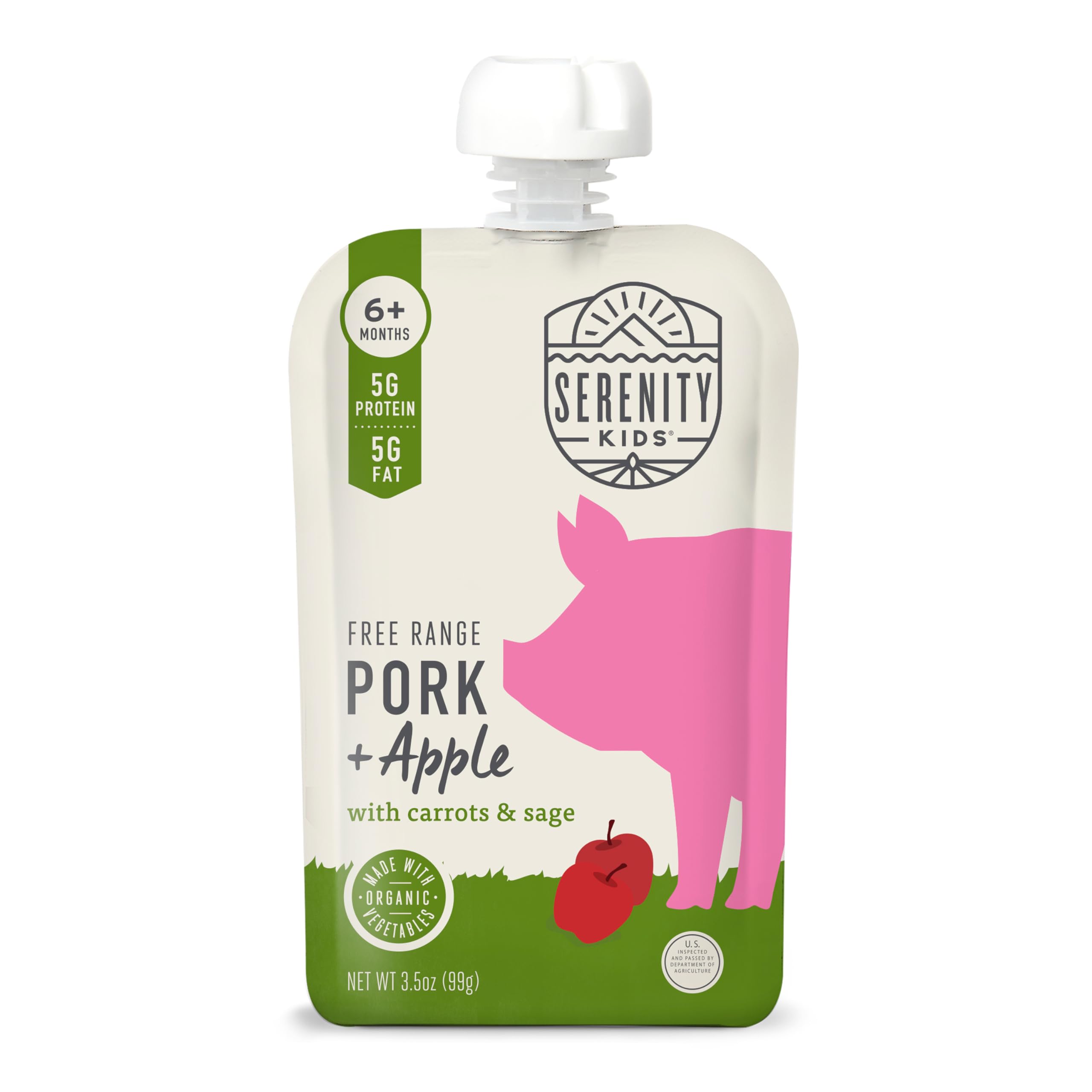 Serenity Kids Stage 2 Baby Food Pouch Free Range Pork and Apple with Organic Carrots and Sage, Case of 6, 3.5 Ounce
