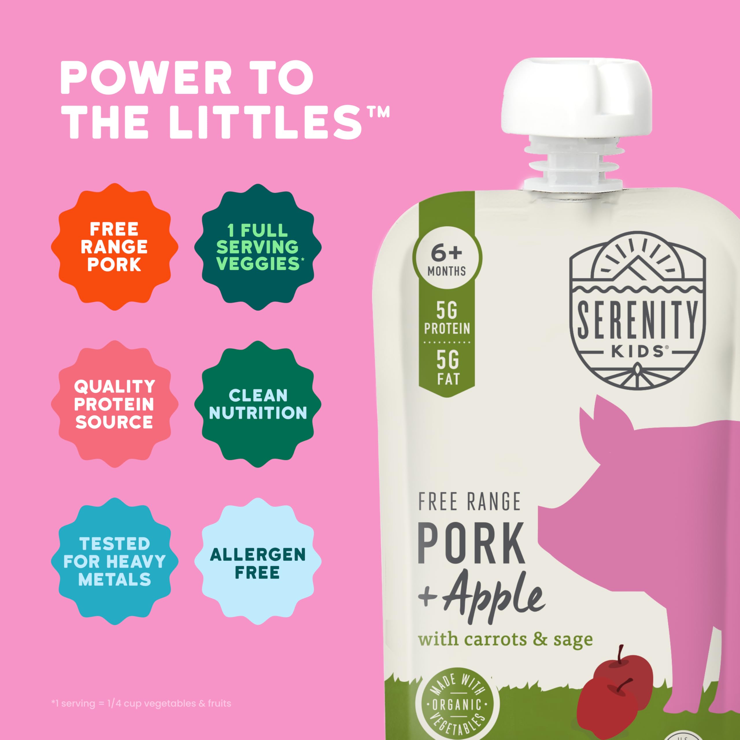 Serenity Kids Stage 2 Baby Food Pouch Free Range Pork and Apple with Organic Carrots and Sage, Case of 6, 3.5 Ounce