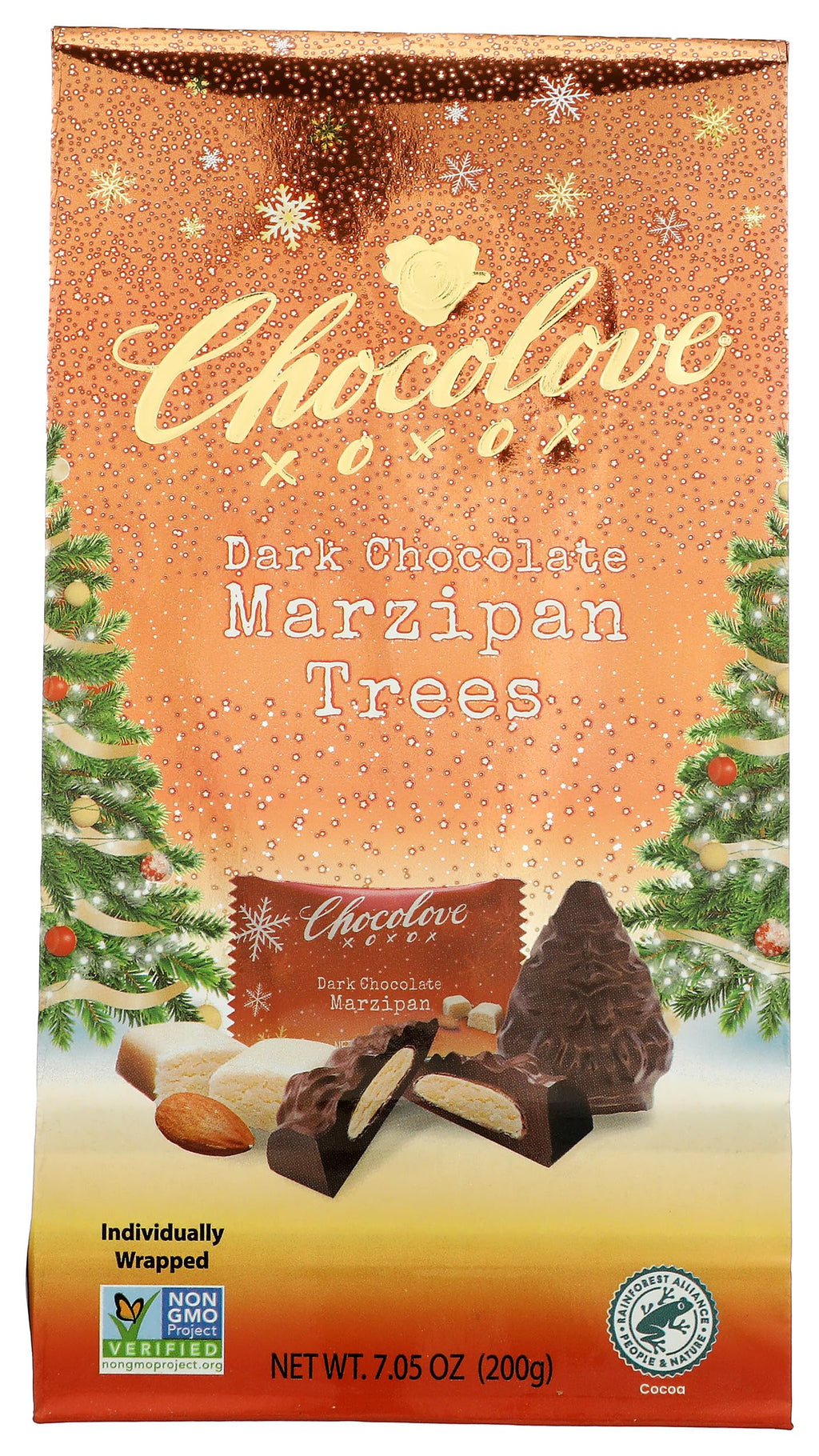 Chocolove Dark Chocolate Marzipan Trees, Case of 8, 7.05 oz Bags