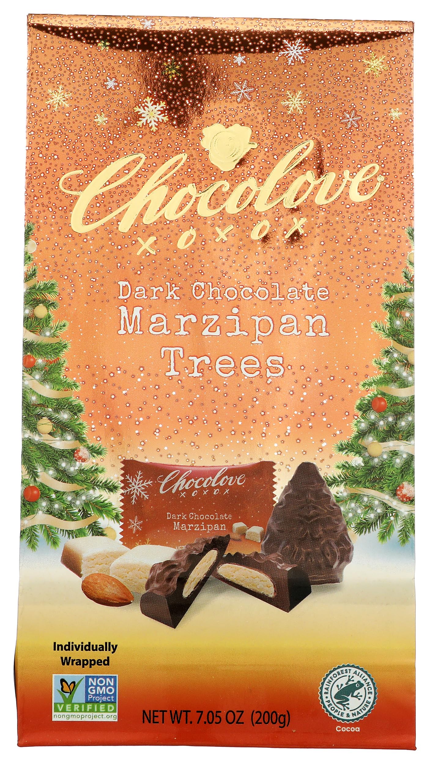 Chocolove Dark Chocolate Marzipan Trees, Case of 8, 7.05 oz Bags