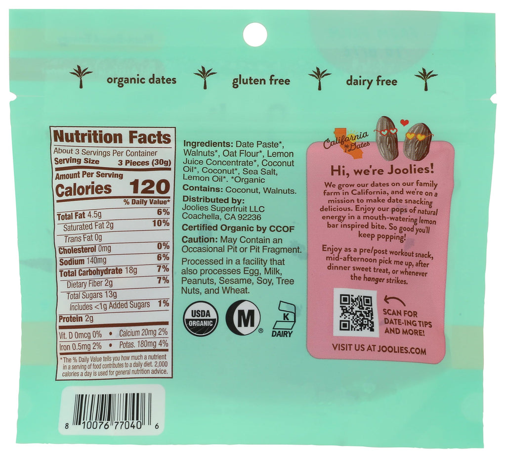 Joolies Organic Lemon Bar Date Pops, Case of 6, 3.5 Ounce Bags