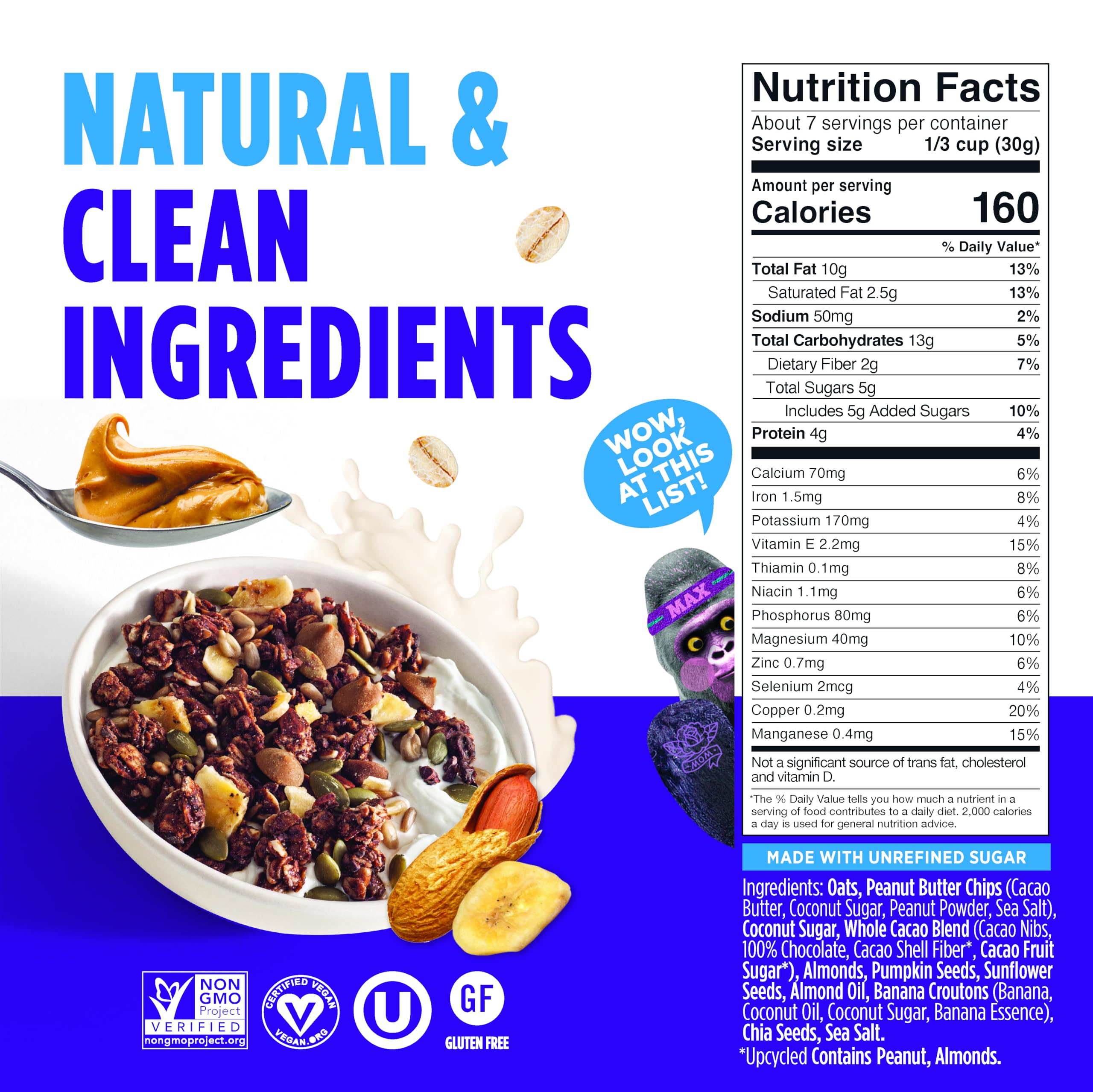 Blue Stripe Peanut Butter Banana Whole Cacao Granola, Case of 6, 7 Ounce