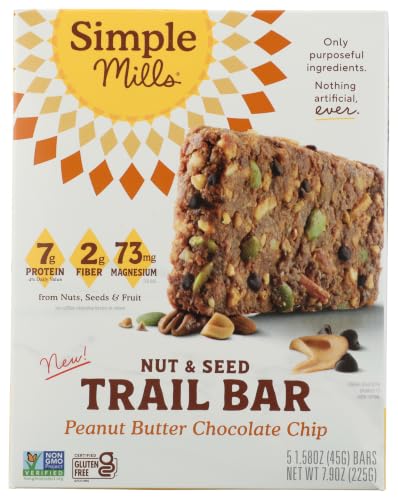 Simple Mills Peanut Butter Chocolate Chip Trail Bars, Case of 6, 7.9 Oz