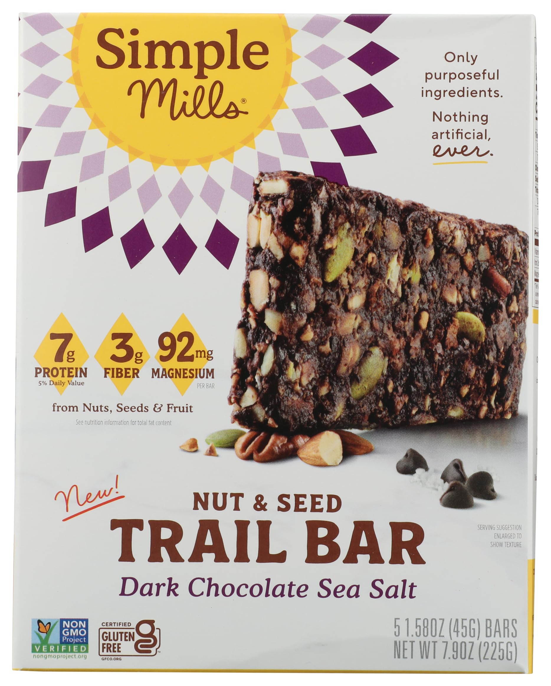 Simple Mills Dark Chocolate Sea Salt Nut and Seed Trail Bars, Case of 6, 5 Count