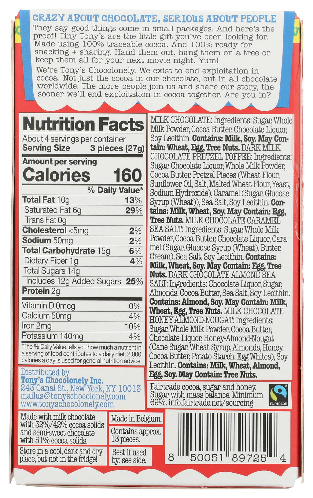 Tony's Chocolonely Tiny Christmas Box Mixed Flavors, Case of 6, 4.13 Ounces