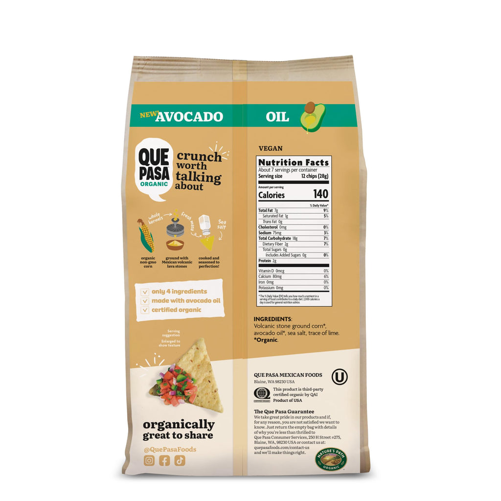 Que Pasa Organic White Tortilla Chips, Case of 8, 7.5 oz