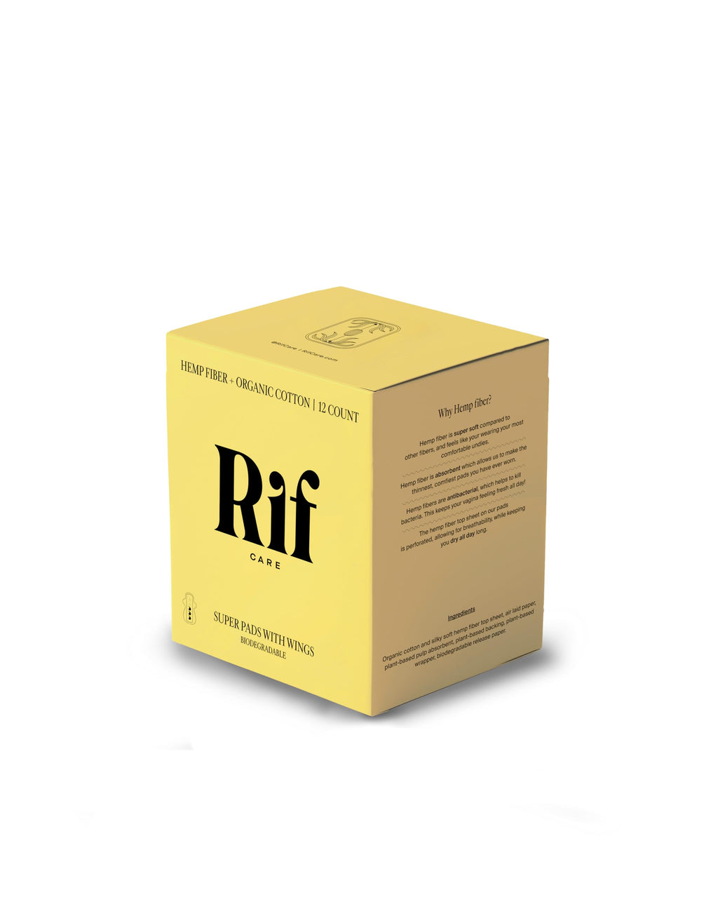 Rif Care Organic Super Hemp Fiber Menstrual Pads with Wings, 12 Count