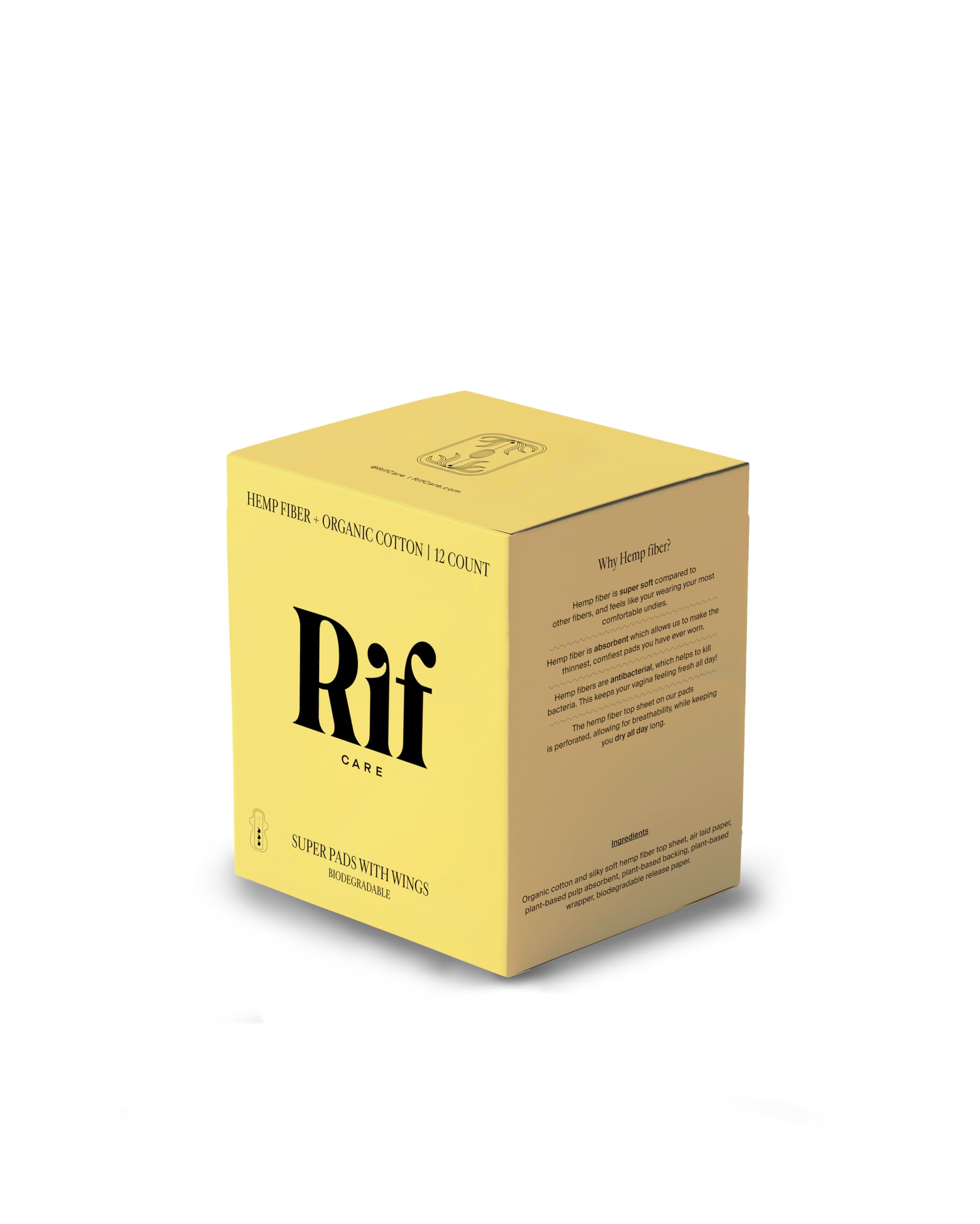 Rif Care Organic Super Hemp Fiber Menstrual Pads with Wings, 12 Count