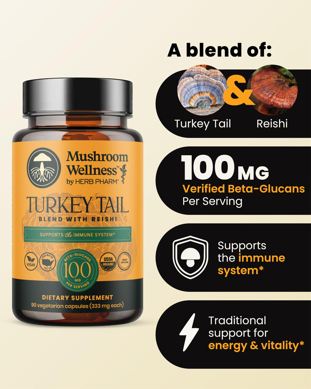 Herb Pharm Mushroom Wellness Turkey Tail Blend with Reishi, 90 Vegetarian Capsules