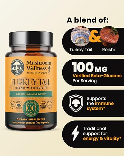 Herb Pharm Mushroom Wellness Turkey Tail Blend with Reishi, 90 Vegetarian Capsules