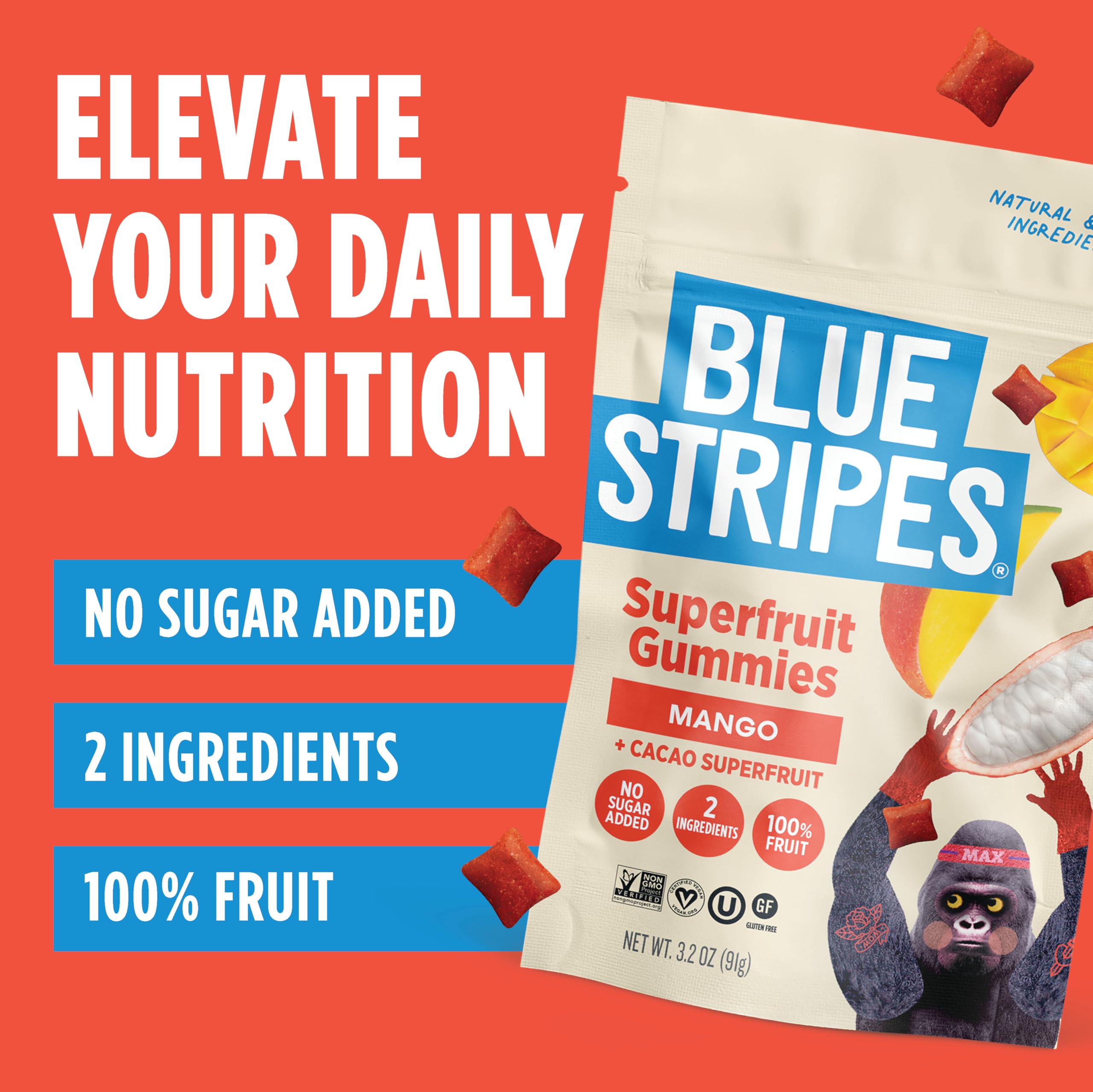 Blue Stripes Dried Cacao Fruit with Mango, Case of 6, 3.2 oz Bags