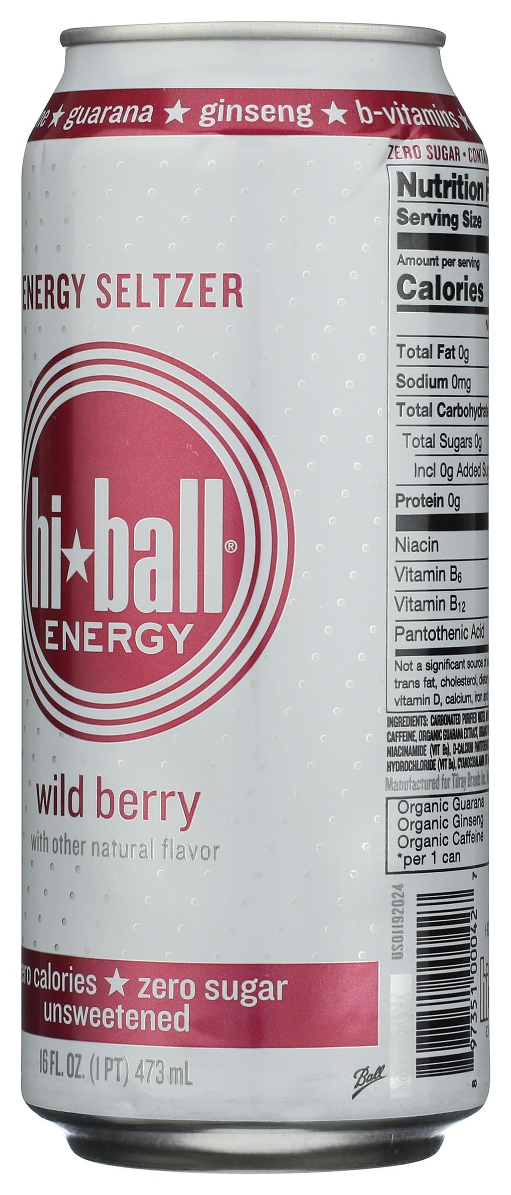 Hiball Wild Berry Zero Sugar Caffeinated Seltzer Water Energy Drink, Case of 12, 16 fl oz Cans