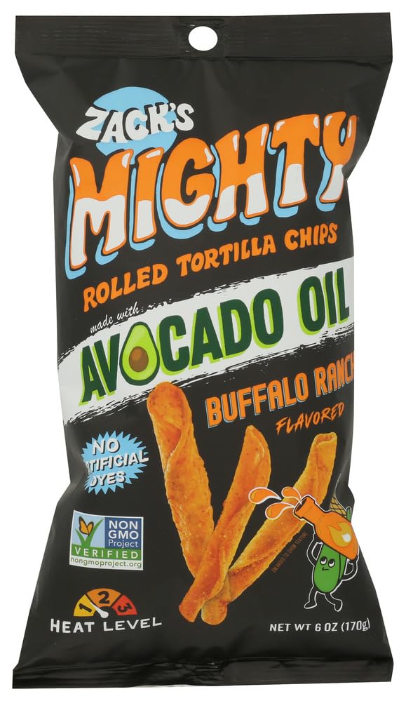 Zack's Mighty Avocado Oil Rolled Tortilla Chips, Buffalo Ranch, Case of 6, 6 oz Bags