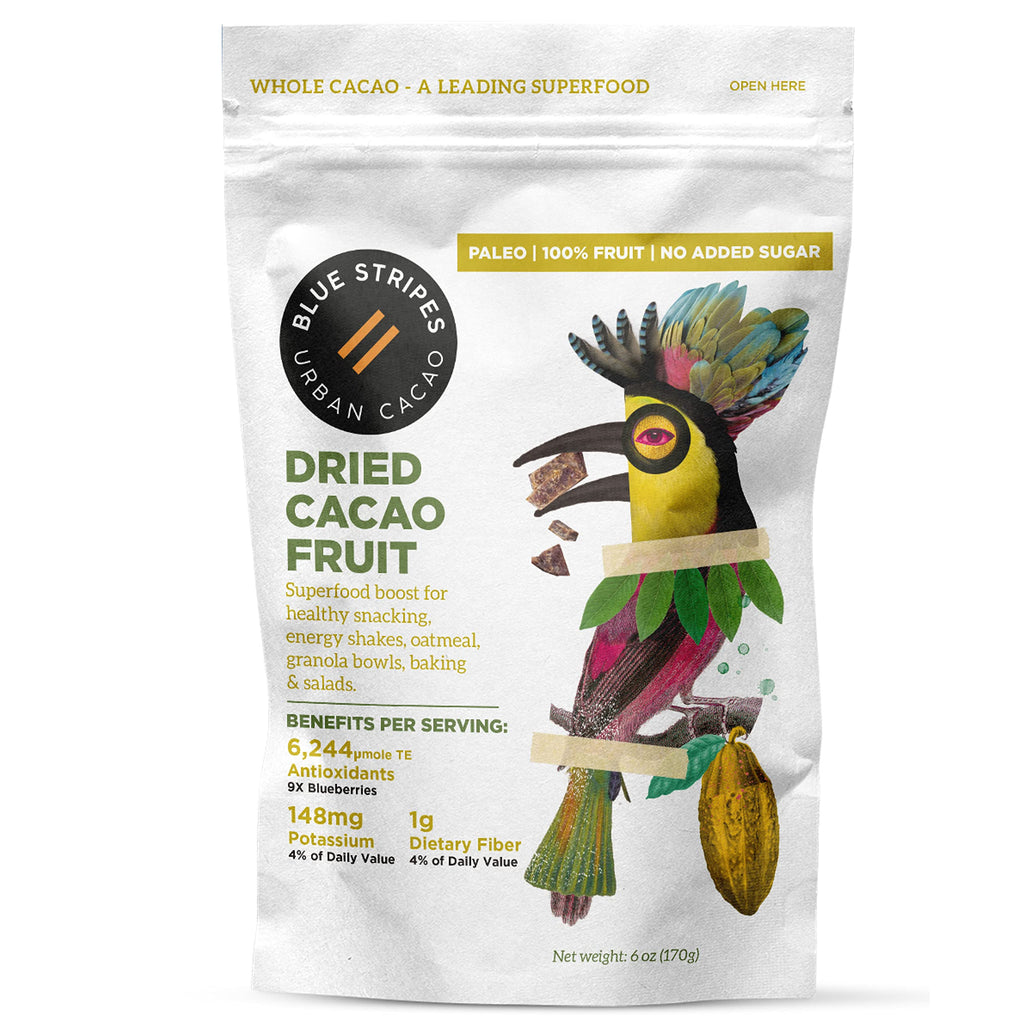 Blue Stripes Pure Dried Cacao Fruit, Case of 6, 3.2 oz Bags