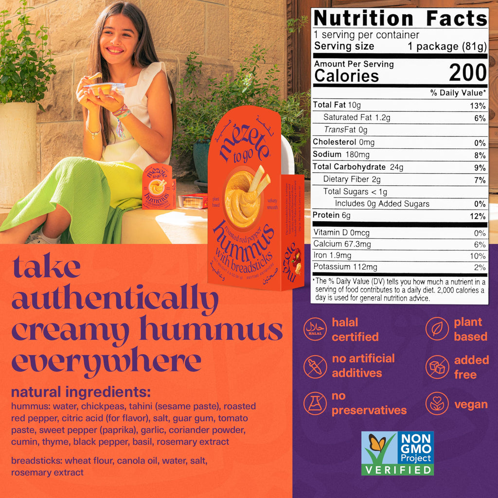 Mezete Roasted Red Pepper Hummus To Go, Case of 6, 2.9 Oz
