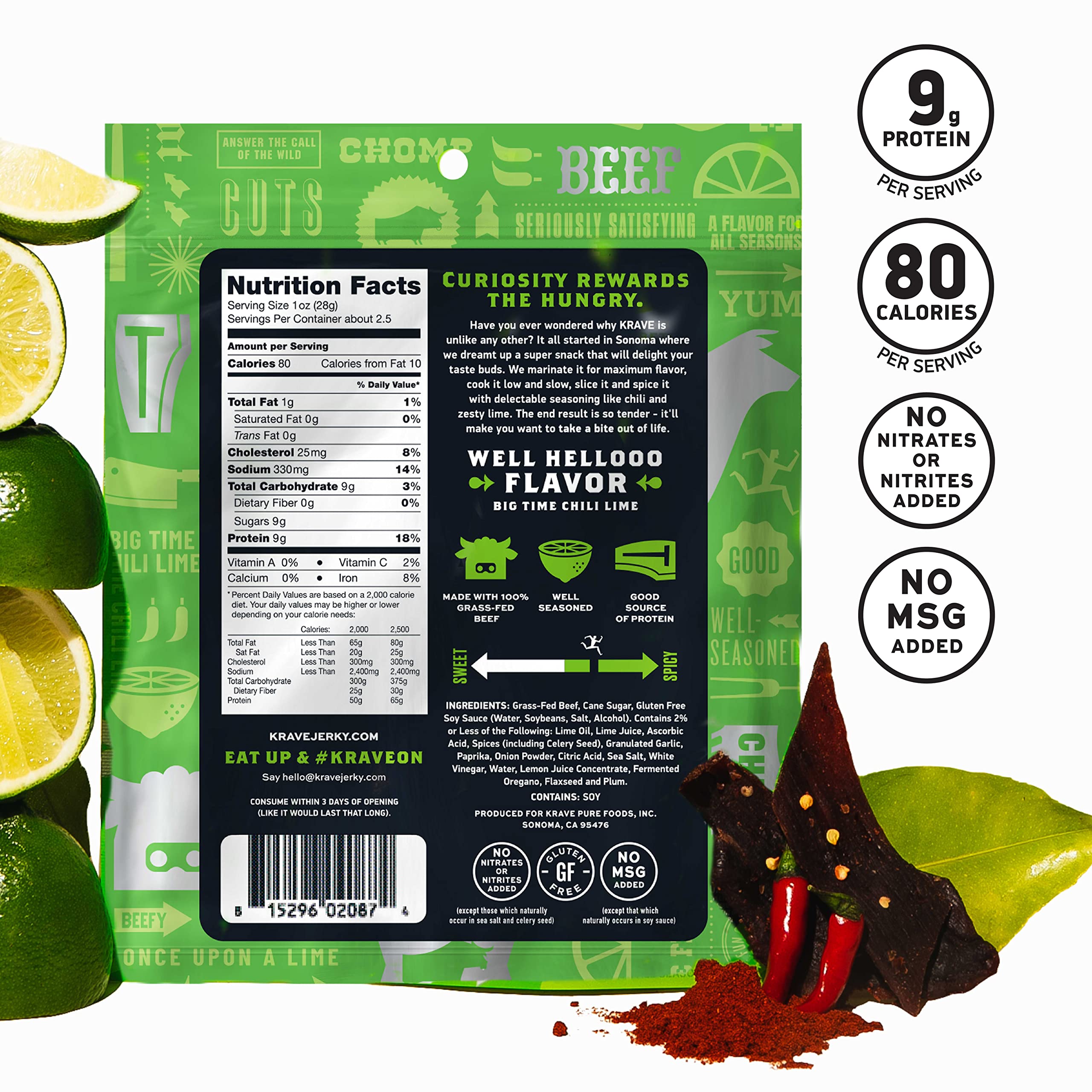 Krave Chili Lime Beef Cuts, Case of 8, 2.5 Oz Bags