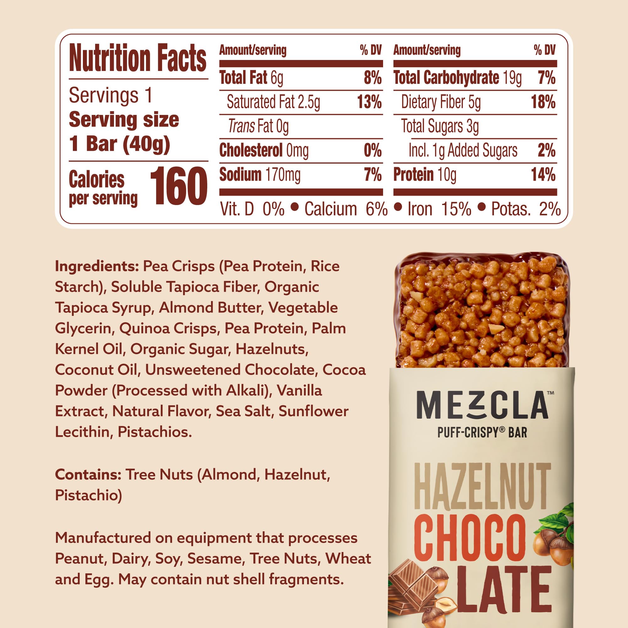 Mezcla Hazelnut Chocolate Puff Crispy Protein Bars, Case of 12, 1.4 Oz Bars