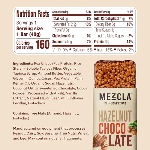 Mezcla Hazelnut Chocolate Puff Crispy Protein Bars, Case of 12, 1.4 Oz Bars