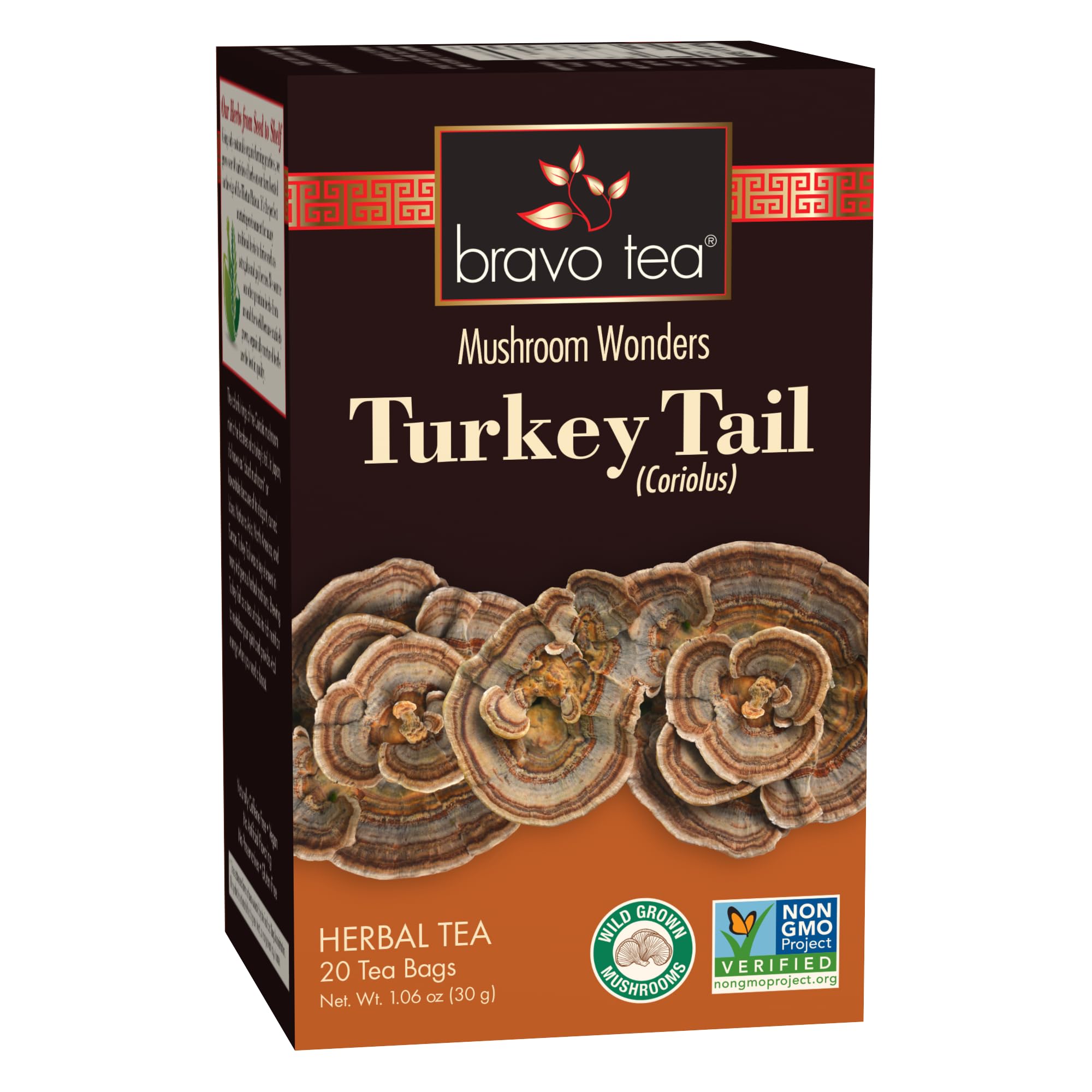 Bravo Tea Turkey Tail Mushroom Herbal Tea Bags, 20 Count