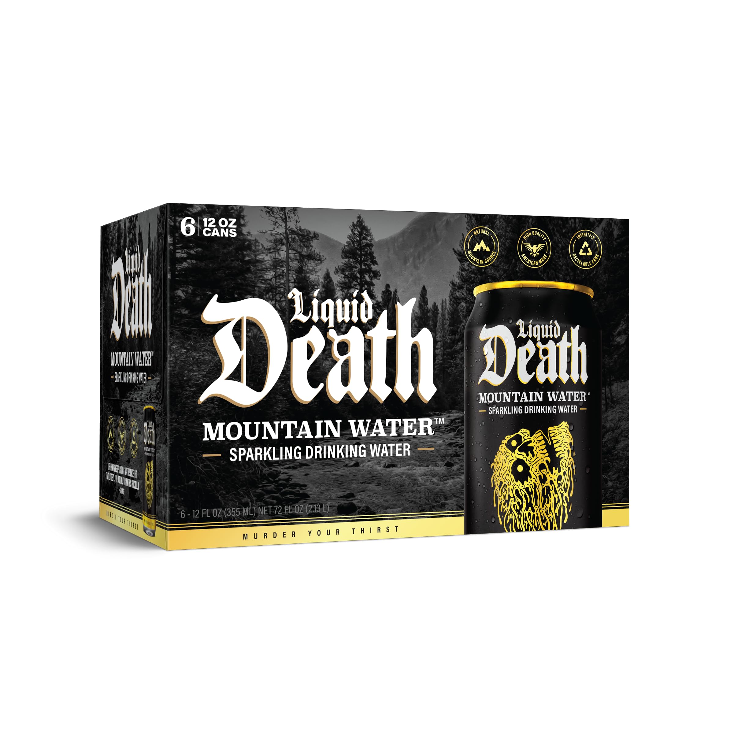 Liquid Death Sparkling Mountain Water, Case of 4, 6 Pack, 12 fl oz Cans