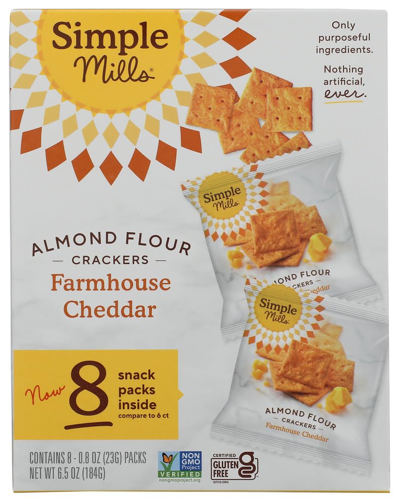 Simple Mills Farmhouse Cheddar Almond Flour Crackers Snack Packs, Case of 4, 8 Count, 6.5 oz