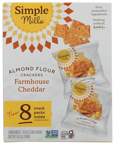 Simple Mills Farmhouse Cheddar Almond Flour Crackers Snack Packs, Case of 4, 8 Count, 6.5 oz