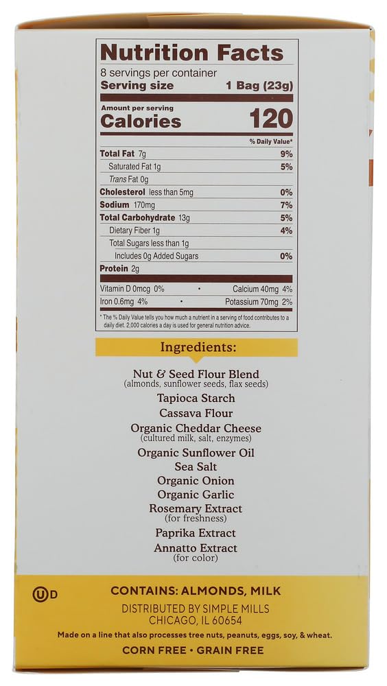 Simple Mills Farmhouse Cheddar Almond Flour Crackers Snack Packs, Case of 4, 8 Count, 6.5 oz