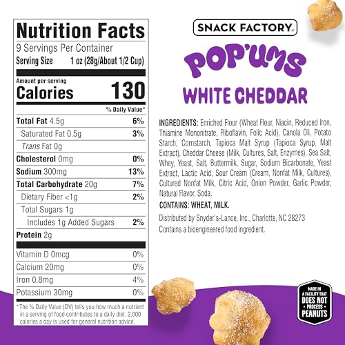 Snack Factory Pop'ums White Cheddar Pretzel Snacks, Case of 12, 9 oz