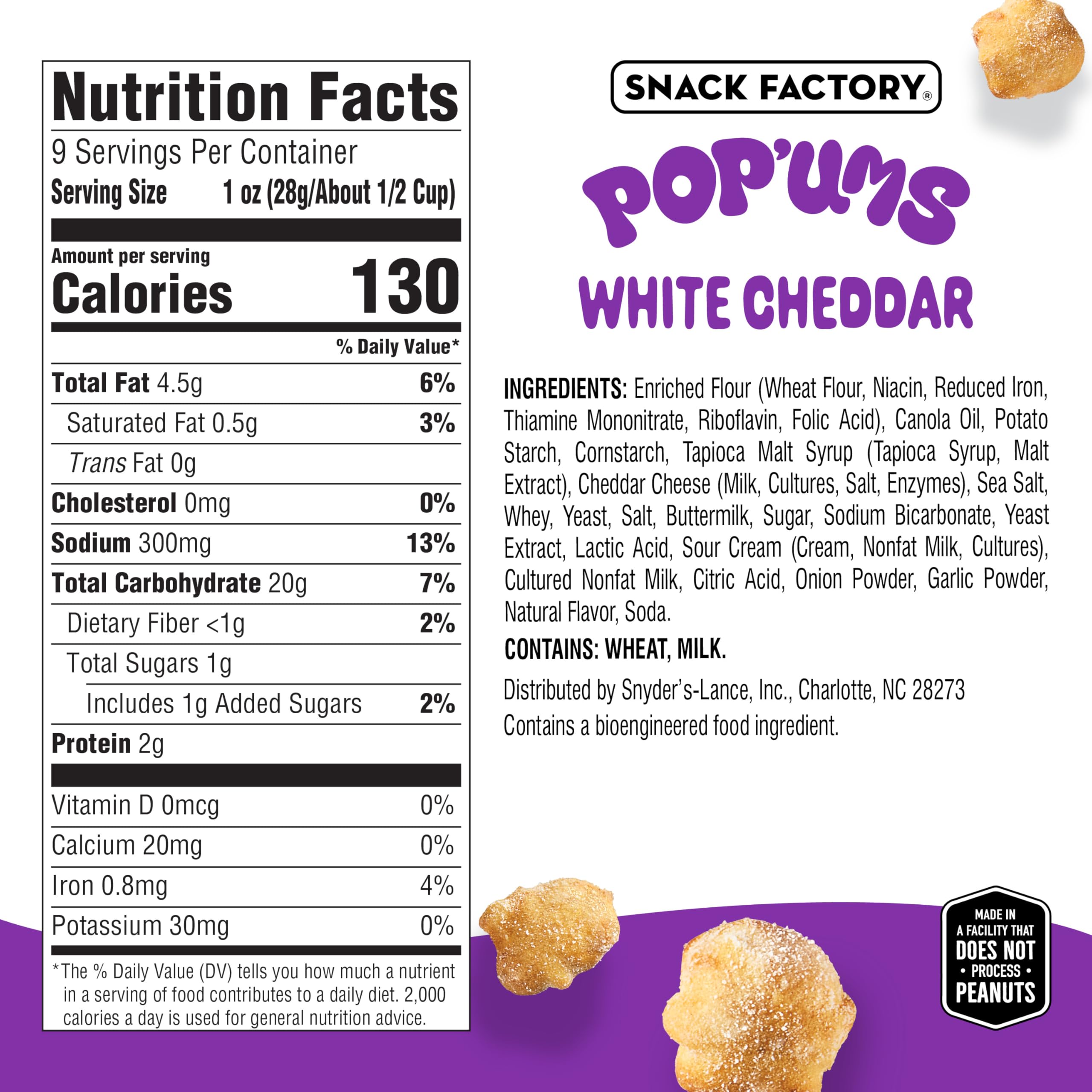Snack Factory Pop'ums White Cheddar Pretzel Snacks, Case of 12, 9 oz