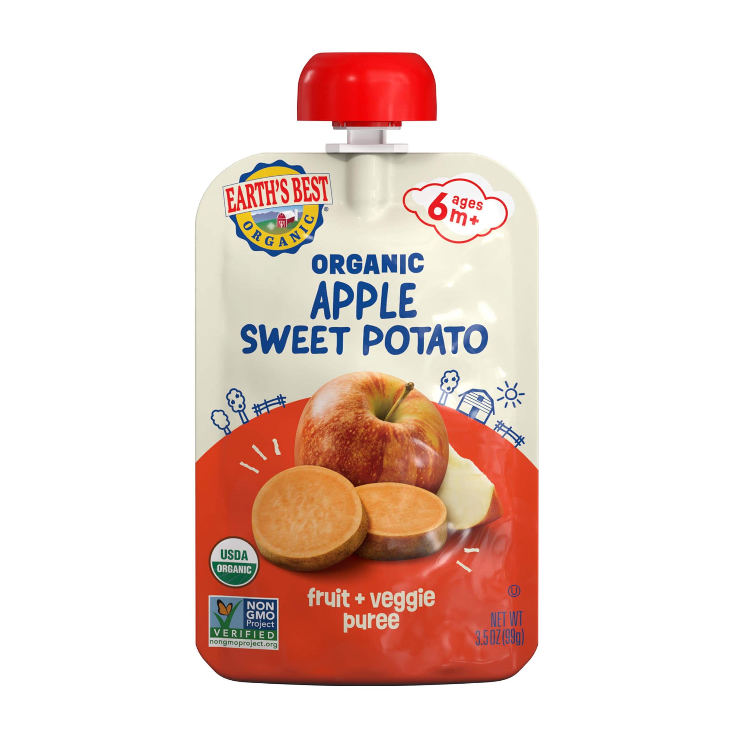 Earth's Best Organic Stage 2 Apple Sweet Potato Baby Food Puree, 3.5 Ounce Pouches, Case of 12