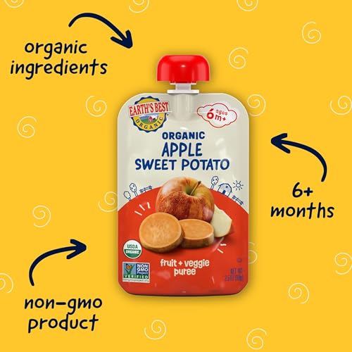 Earth's Best Organic Stage 2 Apple Sweet Potato Baby Food Puree, 3.5 Ounce Pouches, Case of 12