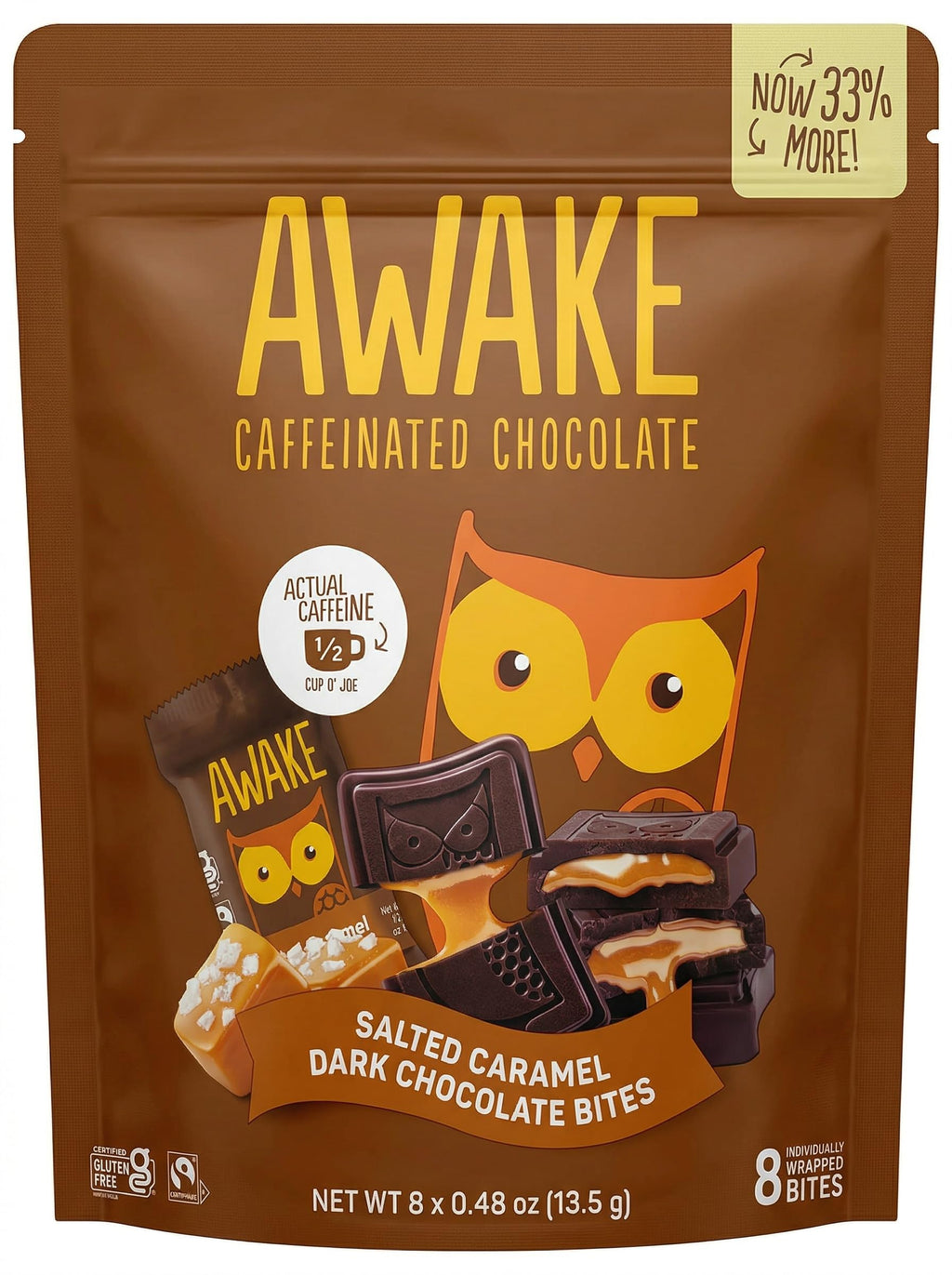 Awake Caffeinated Salted Caramel Dark Chocolate Bites, 3.84 Ounce Pouches, Case of 10
