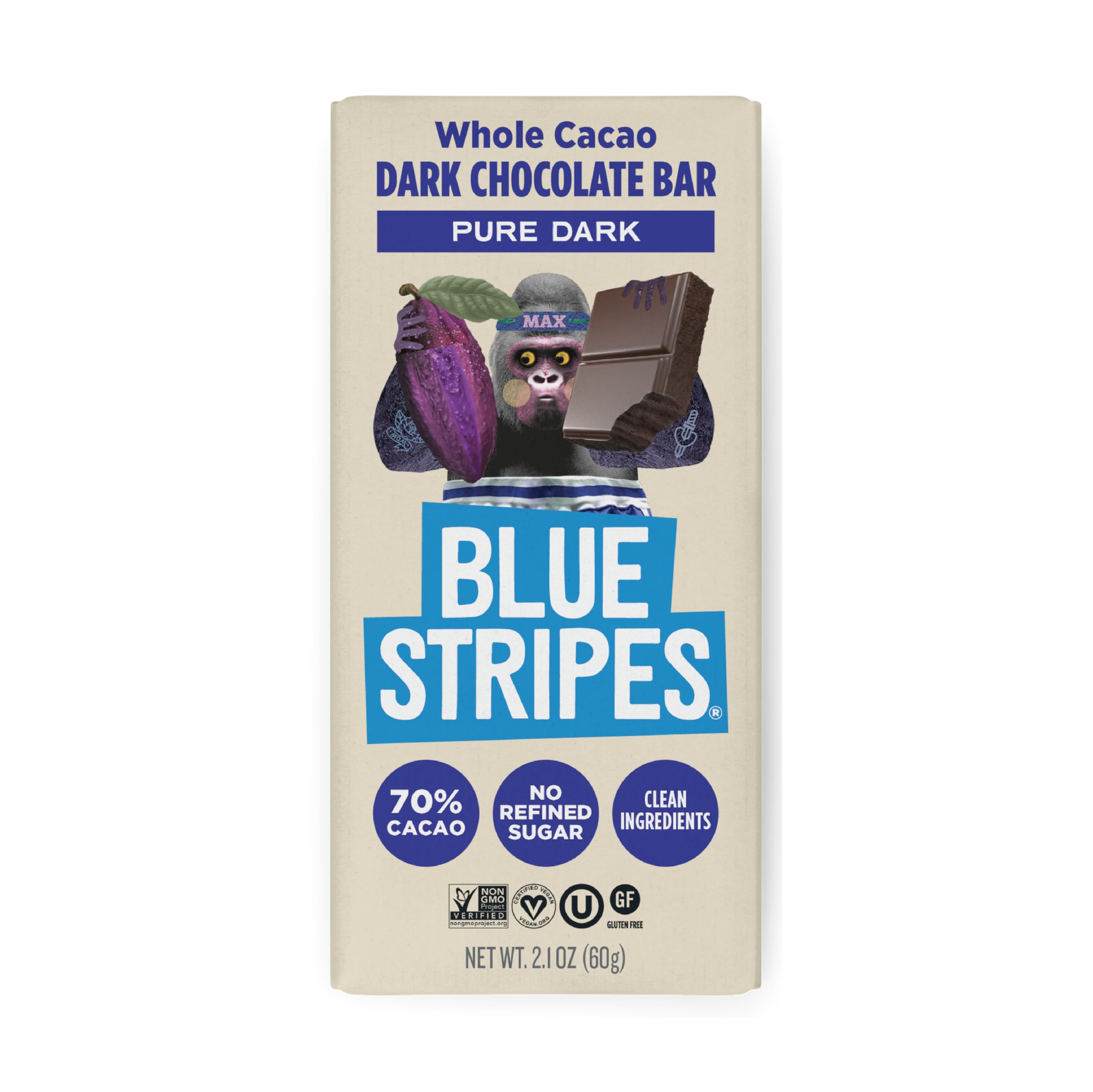 Blue Stripe Dark Chocolate Brownie Whole Cacao Pure Dark, Case of 24, 2.1 Ounce
