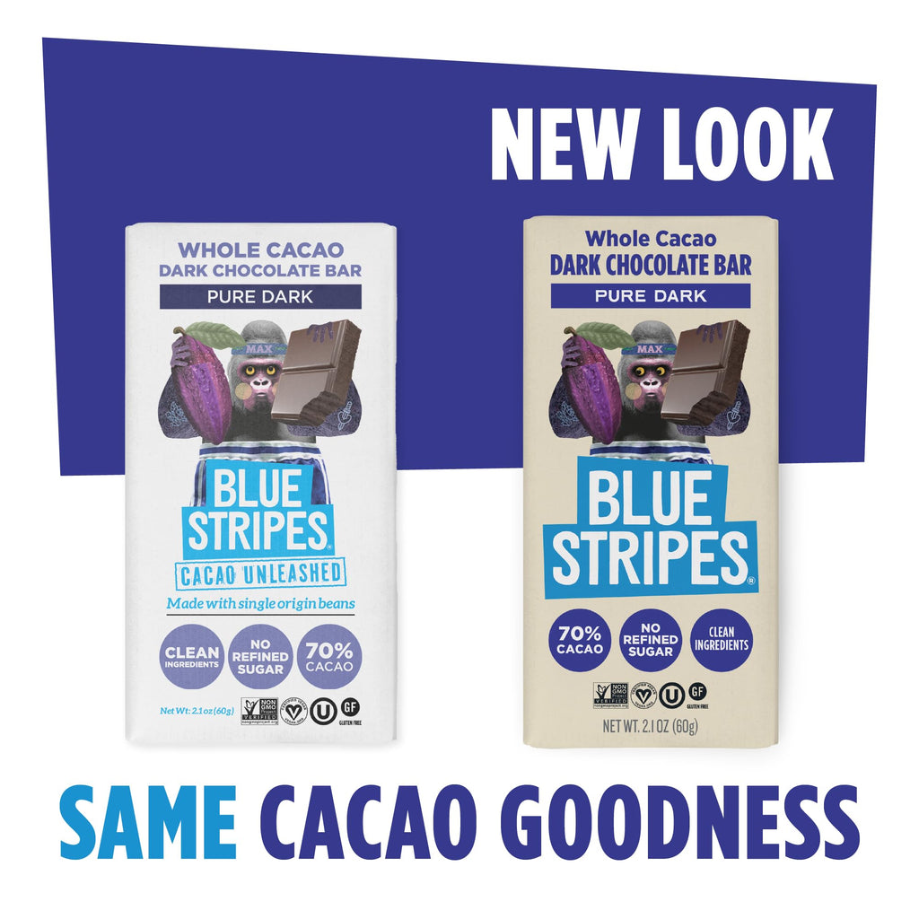 Blue Stripe Dark Chocolate Brownie Whole Cacao Pure Dark, Case of 24, 2.1 Ounce