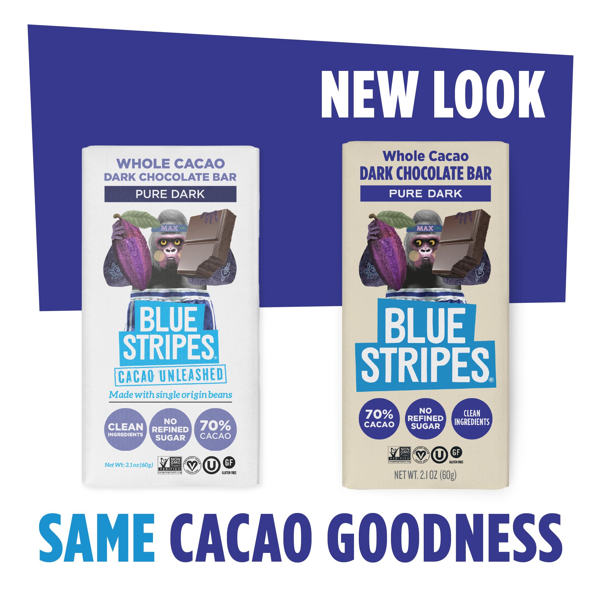 Blue Stripe Dark Chocolate Brownie Whole Cacao Pure Dark, Case of 24, 2.1 Ounce