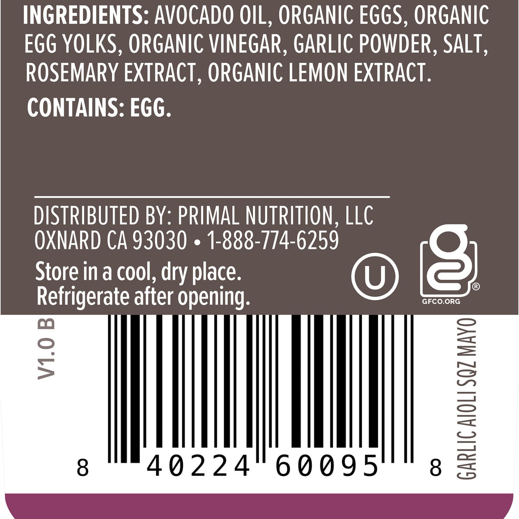 Primal Kitchen Garlic Aioli Avocado Oil Mayo, Case of 6, 8.5 Ounce