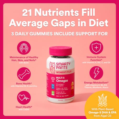 SmartyPants Women's Plus Multi & Omegas Strawberry, Orange, and Lemon Gummies, 90 Count