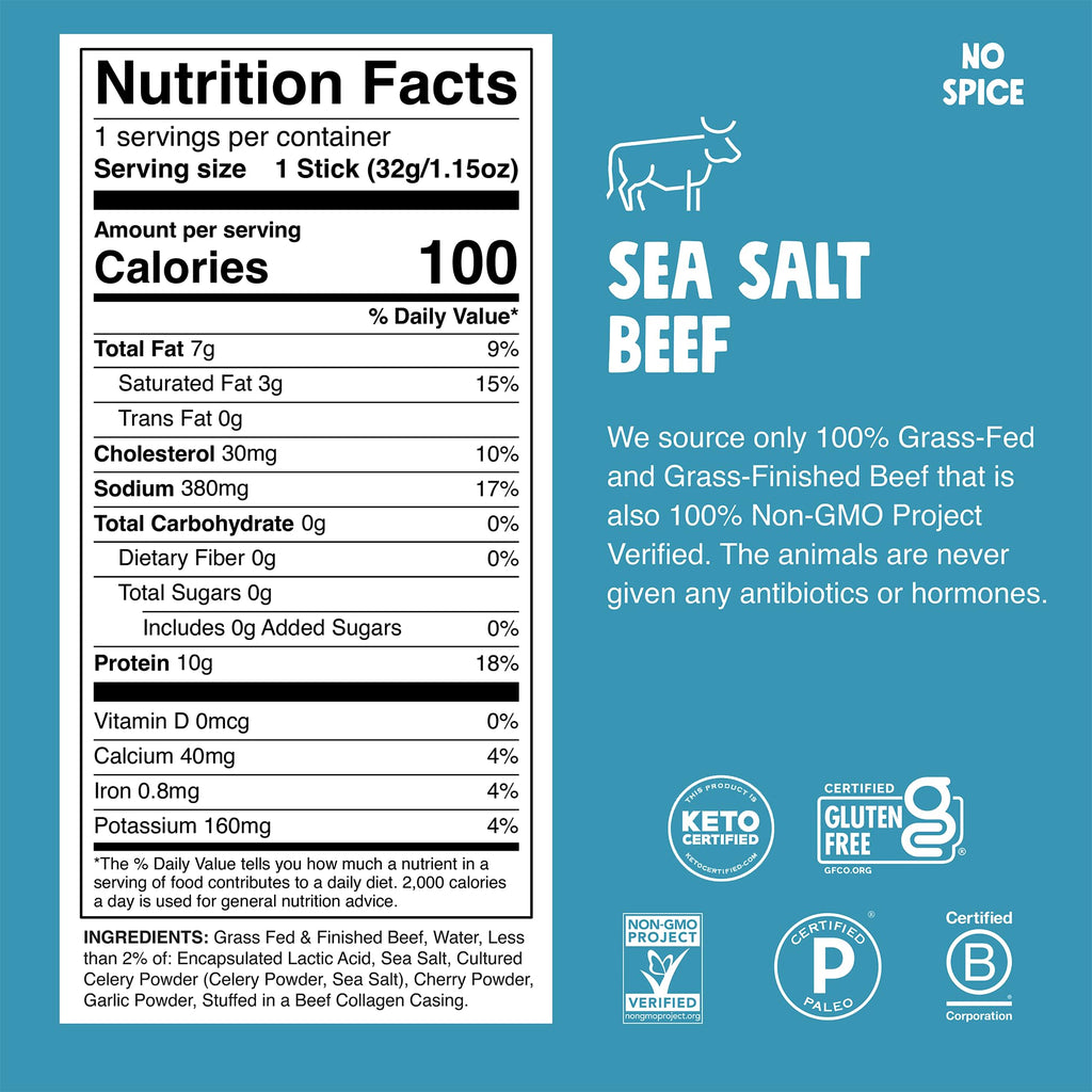 Chomps Sea Salt Beef Snack Sticks, Case of 8, 8 Count, 1.15 Ounce Sticks
