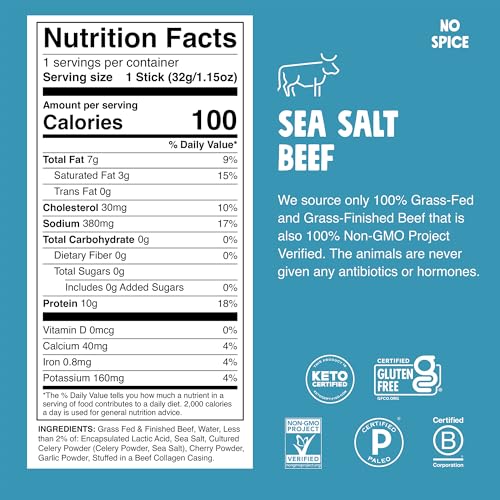 Chomps Sea Salt Beef Snack Sticks, Case of 8, 8 Count, 1.15 Ounce Sticks